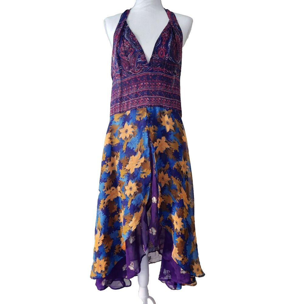 Halter Maxi Dress Gold Blue Summer SUN Belma Women's Onesize Large Stretch Sheer